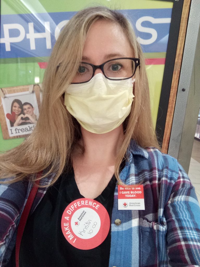 The author just after her first blood donation in 14 years this April.